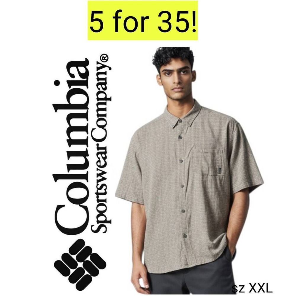 Columbia Sportswear Co Tan Brown Textured Cotton Short Sleeve Shirt